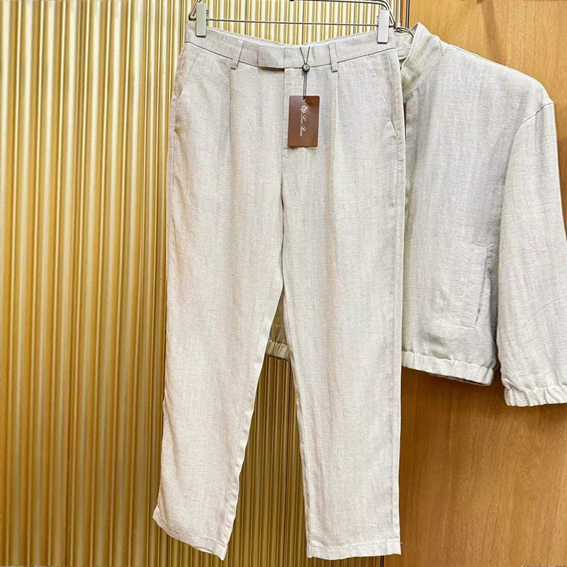 طقم جاكيت وبنطال كاجوال من LP Italy 25ss مصنوع من الكتان Tencel بتصميم قديم من الرياح وياقة واقفة
