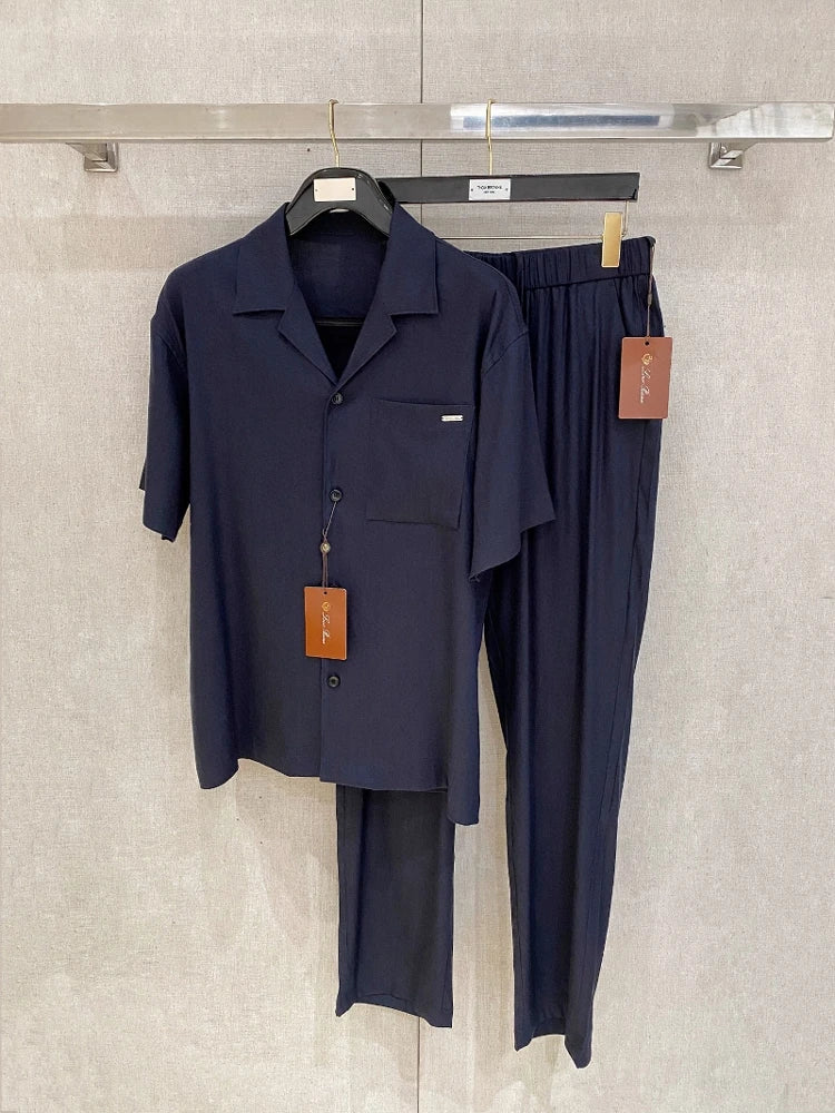 LP Italian Tencel Linen Old Money Style Casual Short Sleeve Shirt Straight Pants Set