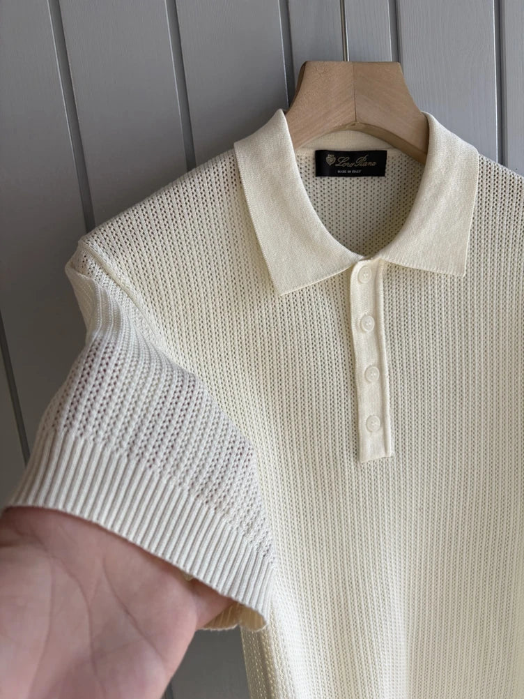 LP Italian cashmere mulberry silk hollowed-out knitted lapel short-sleeved old money wind vacation style POLO shirt