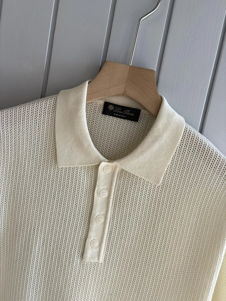 LP Italian cashmere mulberry silk hollowed-out knitted lapel short-sleeved old money wind vacation style POLO shirt