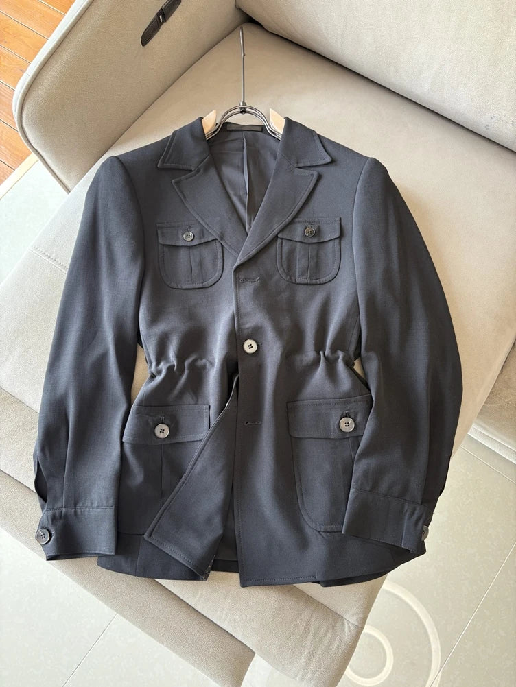 LP Italian Linen Elite Business Lapel Multi-Pocket Hunting Men's Jacket