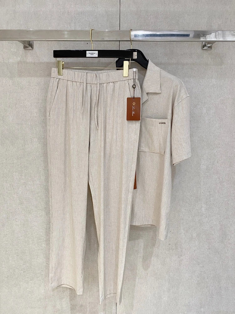 LP Italian Tencel Linen Old Money Style Casual Short Sleeve Shirt Straight Pants Set