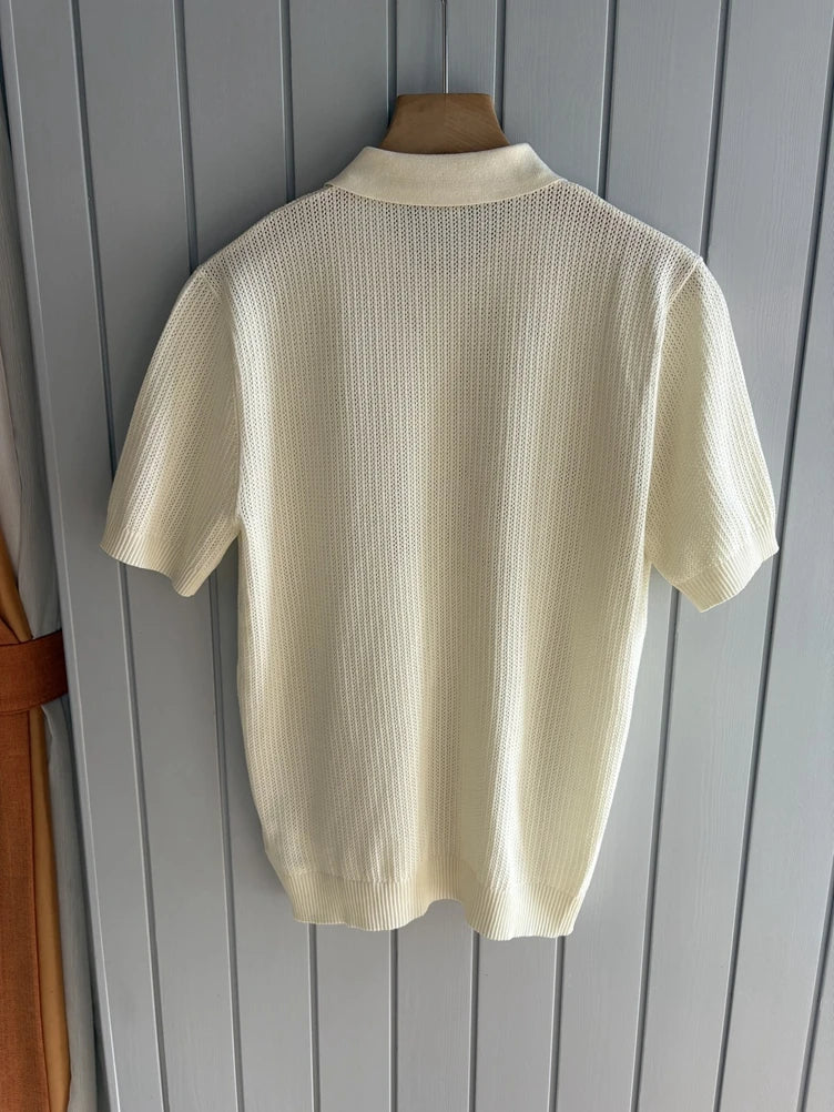 LP Italian cashmere mulberry silk hollowed-out knitted lapel short-sleeved old money wind vacation style POLO shirt
