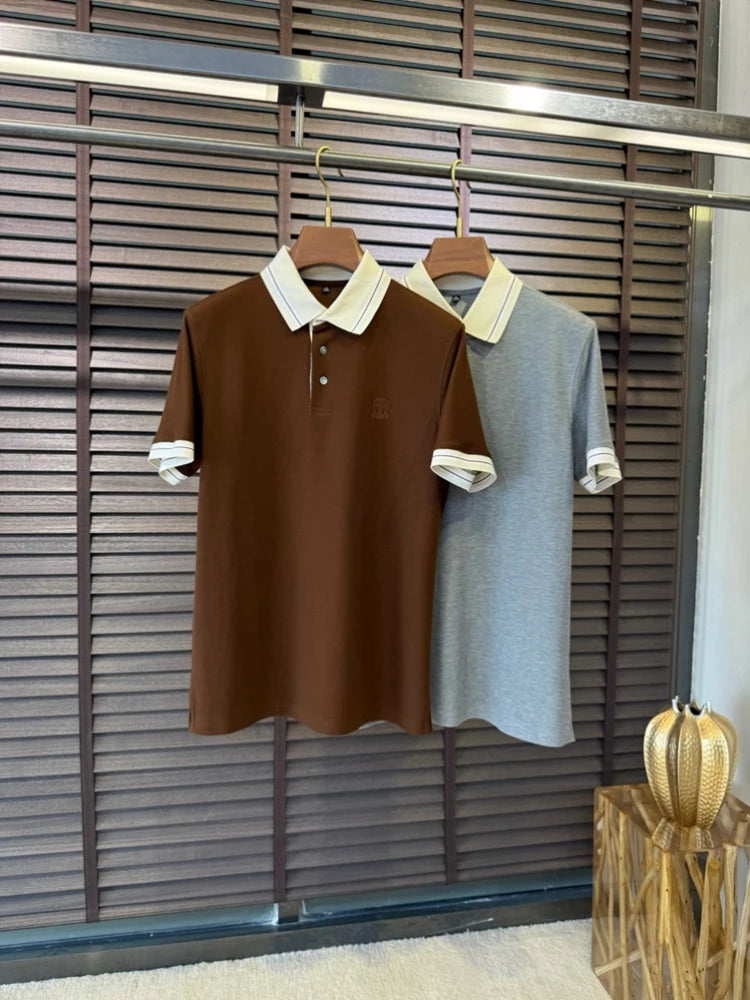 BC Italian letter badge contrasting pearl cotton lapel polo shirt