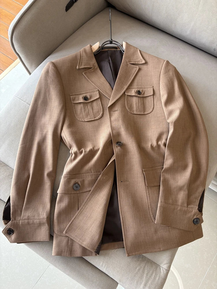 LP Italian Linen Elite Business Lapel Multi-Pocket Hunting Men's Jacket