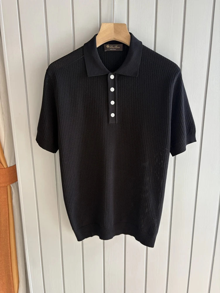 LP Italian cashmere mulberry silk hollowed-out knitted lapel short-sleeved old money wind vacation style POLO shirt