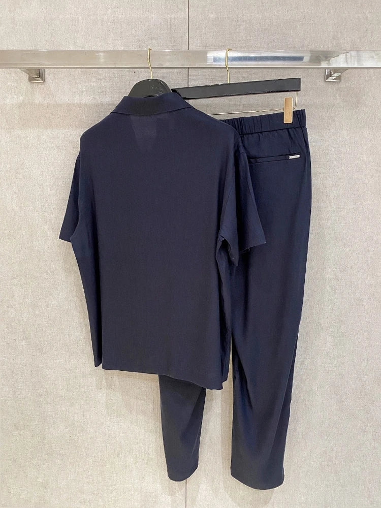 LP Italian Tencel Linen Old Money Style Casual Short Sleeve Shirt Straight Pants Set