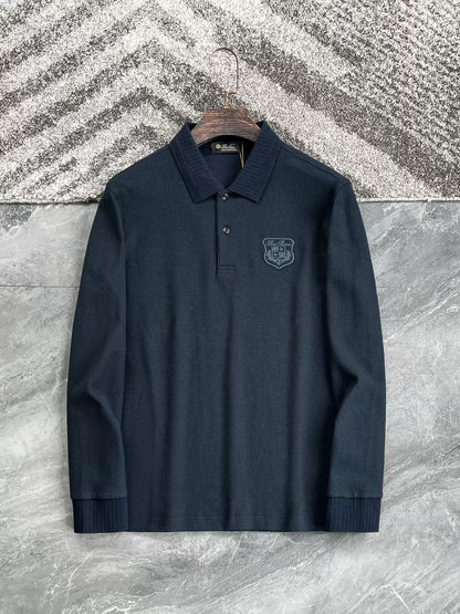 LP Italy 25ss business comfort pearl cotton badge casual lapel polo shirt long sleeve