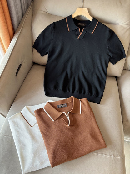 LP Italy 25SS solid color men's casual V lapel polo shirt short sleeve