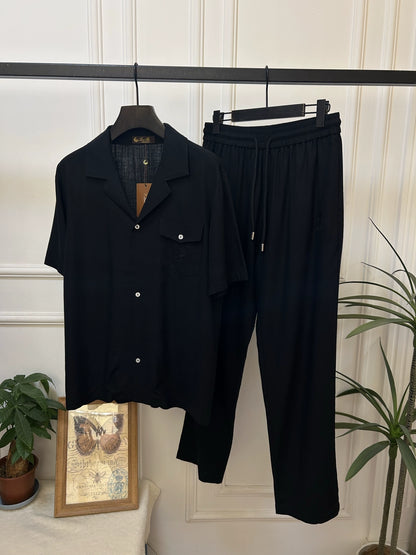 LP Italy 25SS old money cotton and linen short-sleeved shirt drawstring casual pants men's suit