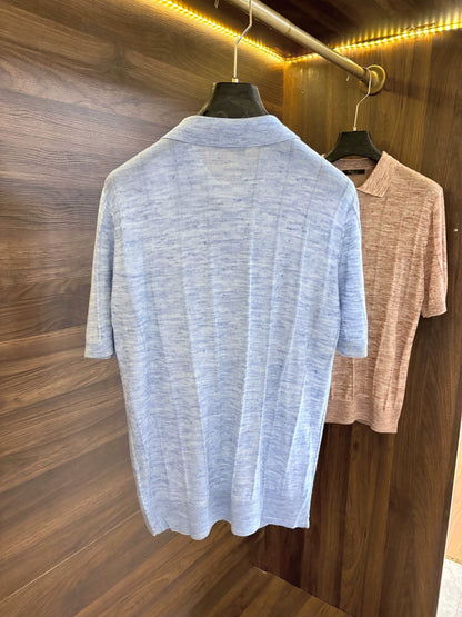 LP Italian 25ss linen blend men's casual lapel knitted polo shirt short sleeve