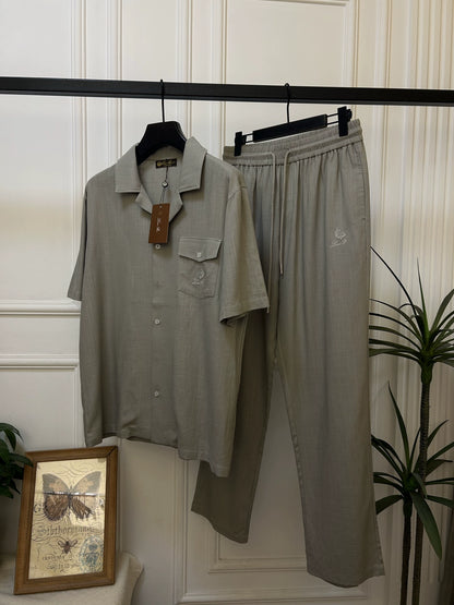LP Italy 25SS old money cotton and linen short-sleeved shirt drawstring casual pants men's suit