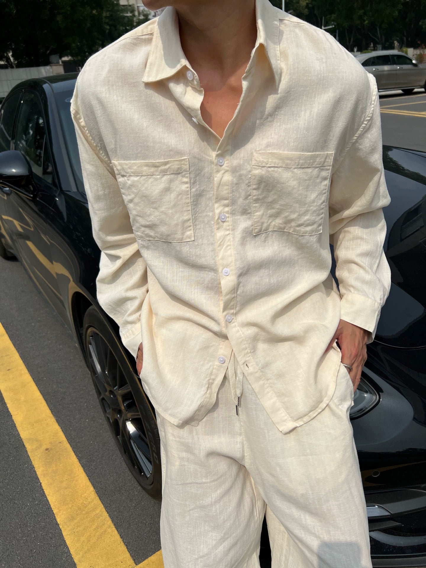 LP Italy 25ss solid color loose wide-footed linen pants lapel shirt men's casual suit