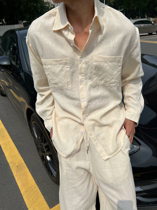LP Italy 25ss solid color loose wide-footed linen pants lapel shirt men's casual suit