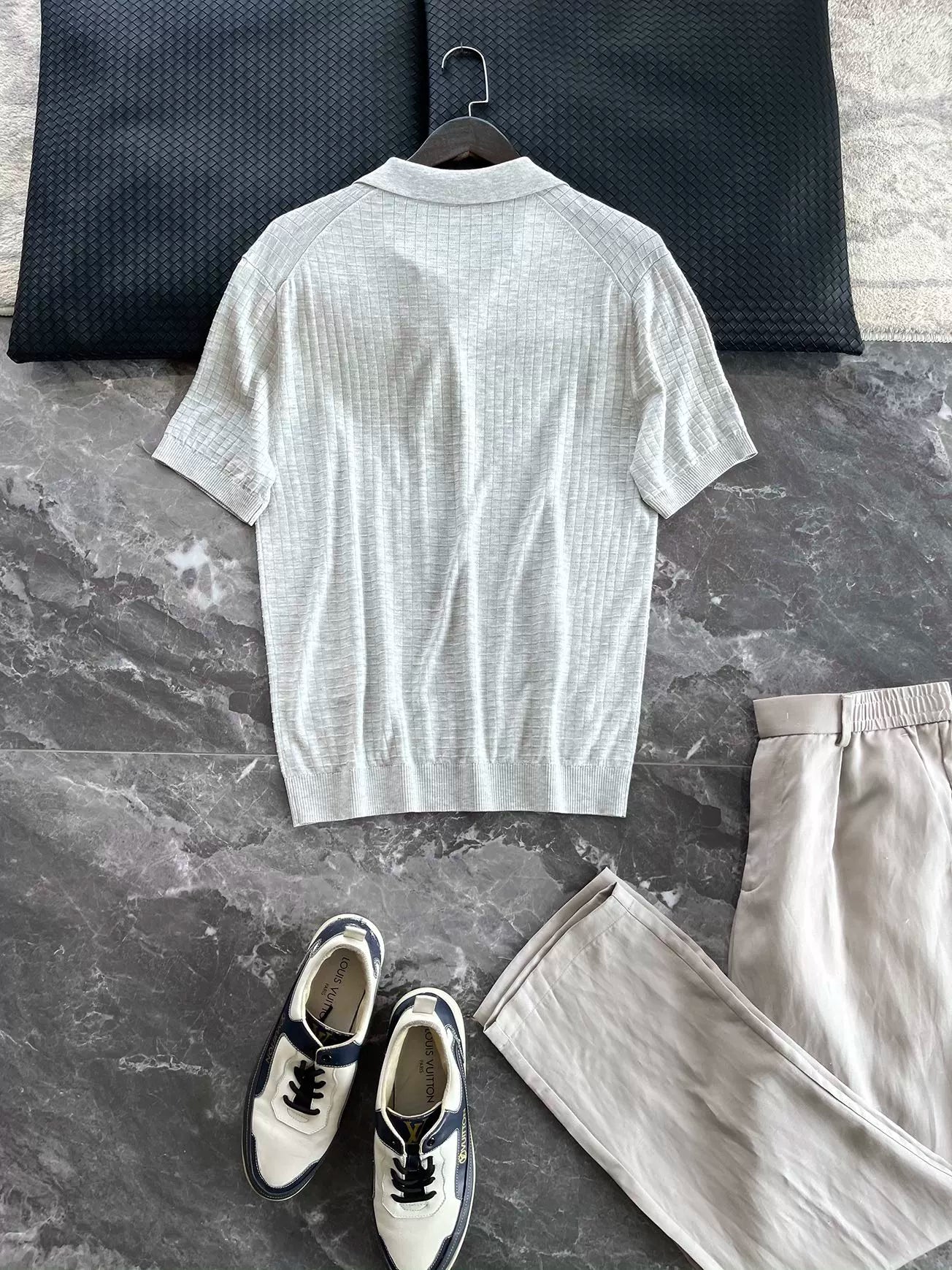 LP Italy 25ss solid color business V lapel knitted sweater men's casual polo shirt short sleeve