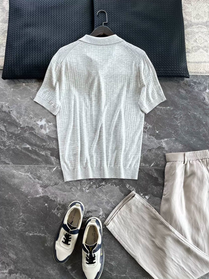LP Italy 25ss solid color business V lapel knitted sweater men's casual polo shirt short sleeve