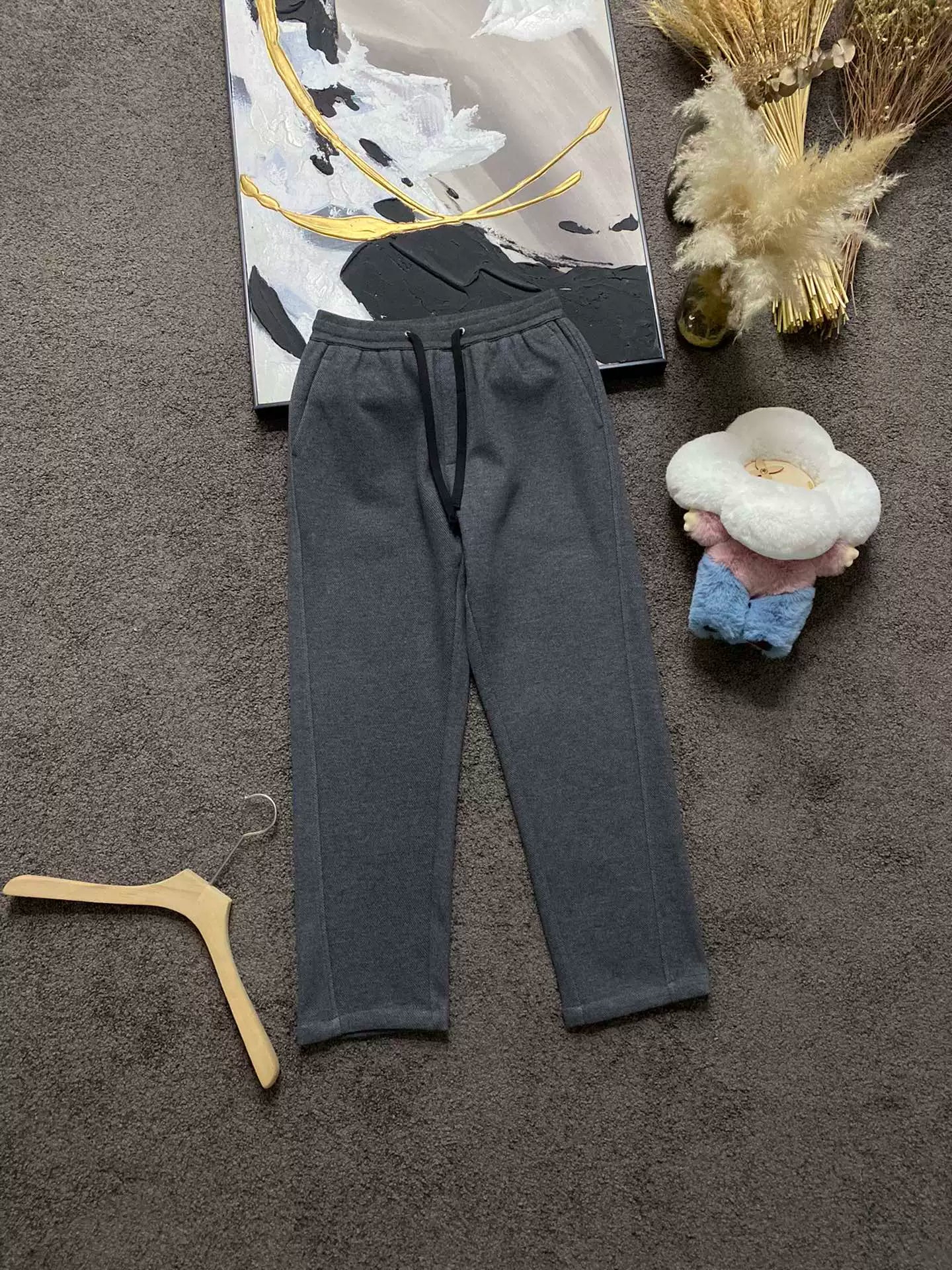 LP autumn and winter warm and comfortable straight drawstring men's casual velvet casual pants