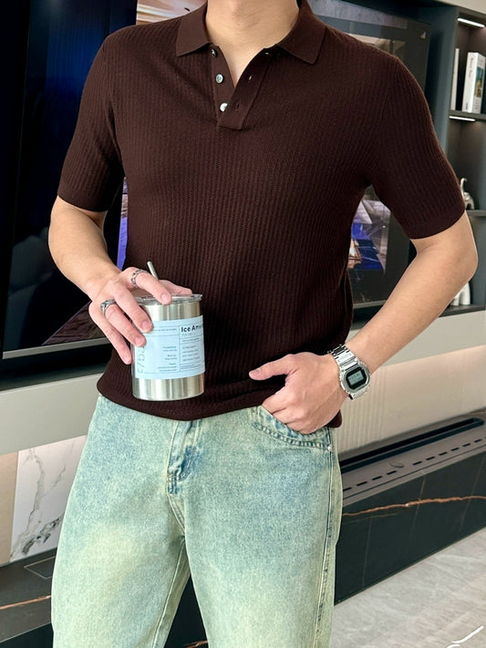 LP Italy 25ss solid color lapel men's casual ribbed knitted short-sleeved polo shirt