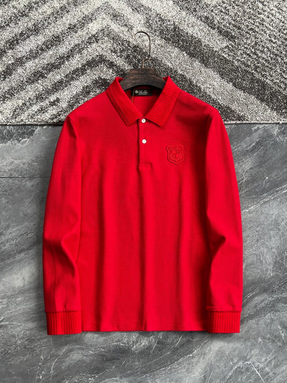 LP Italy 25ss business comfort pearl cotton badge casual lapel polo shirt long sleeve