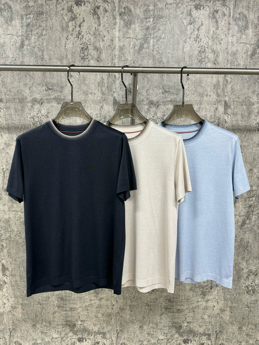 LP Italy 25SS solid color gradual change collar comfortable versatile crew neck bottoming shirt casual short sleeve T-shirt