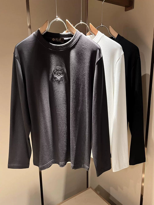 LP Italian Versatile Embroidered Crew Neck Bottom Shirt Men's Comfortable Breathable Casual Long Sleeve T-Shirt