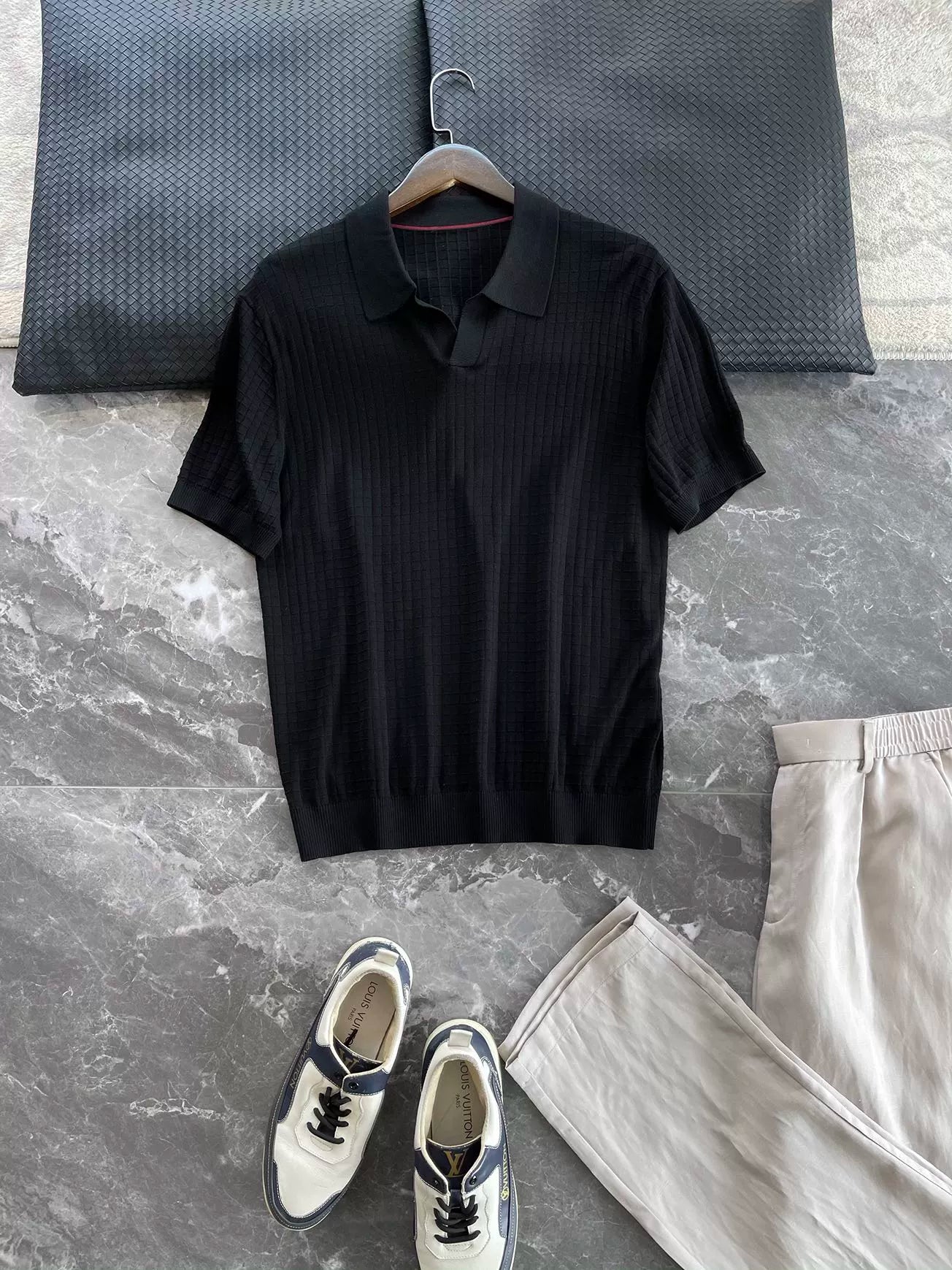 LP Italy 25ss solid color business V lapel knitted sweater men's casual polo shirt short sleeve