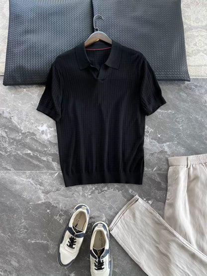 LP Italy 25ss solid color business V lapel knitted sweater men's casual polo shirt short sleeve