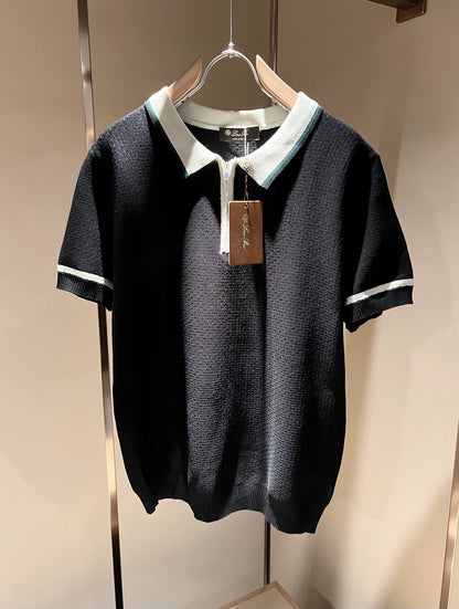 LP Italy 25ss comfortable lapel zipper knitted polo shirt men's casual short sleeves