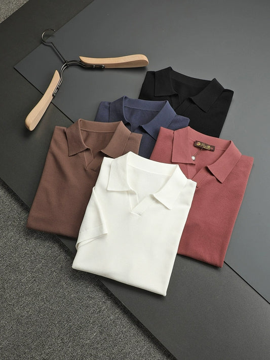 LP Italy 25ss simple business fashion solid color men's V lapel polo shirt short sleeve
