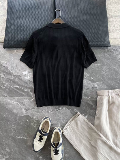 LP Italy 25ss solid color business V lapel knitted sweater men's casual polo shirt short sleeve