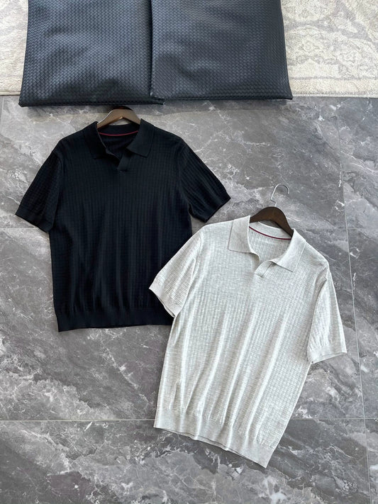 LP Italy 25ss solid color business V lapel knitted sweater men's casual polo shirt short sleeve