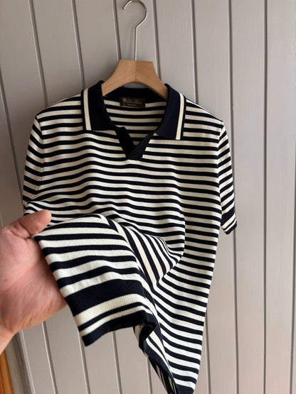 LP Italy 25ss striped V lapel knitted sweater men's casual short-sleeved polo shirt