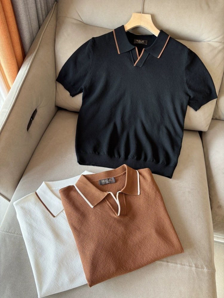 LP Italy 25SS solid color men's casual V lapel polo shirt short sleeve