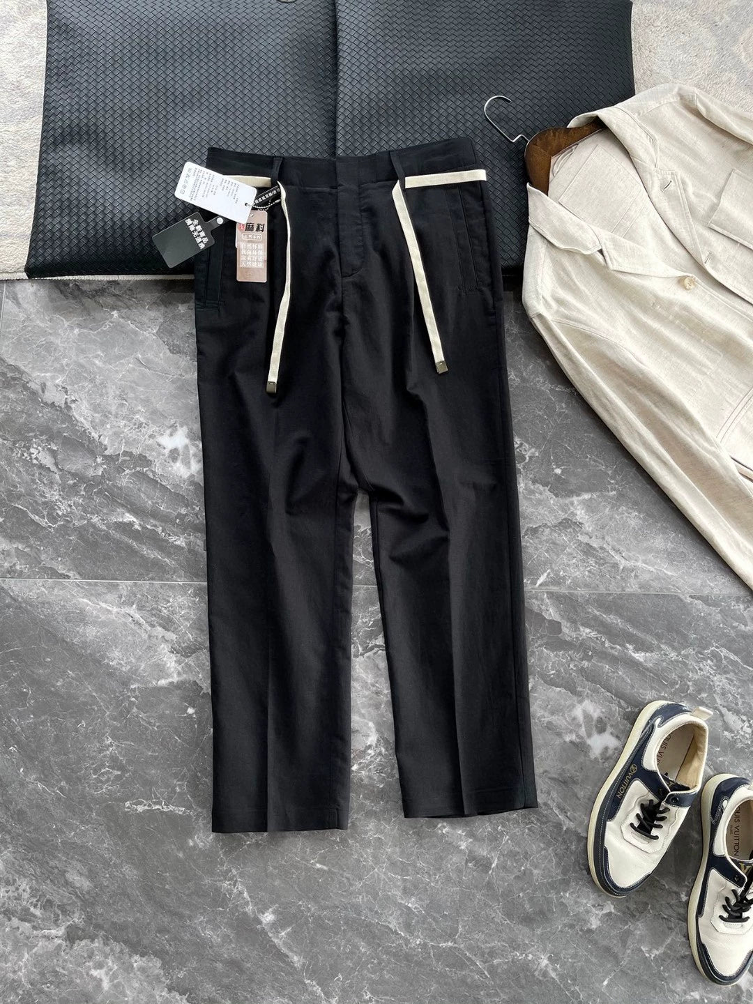 LP Italian 25ss old money solid color straight trousers men's drawstring elastic waist casual pants