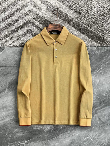 LP Italy 25ss simple business pearl cotton lapel men's casual long-sleeved polo shirt