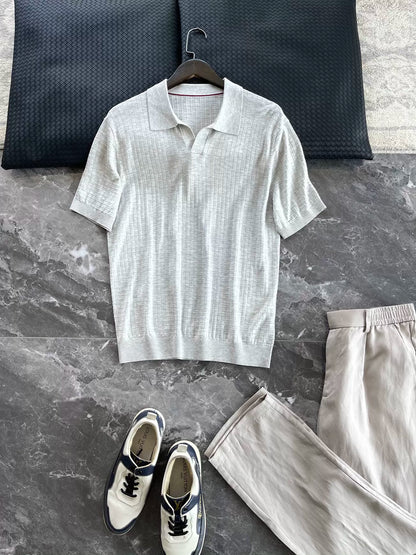 LP Italy 25ss solid color business V lapel knitted sweater men's casual polo shirt short sleeve