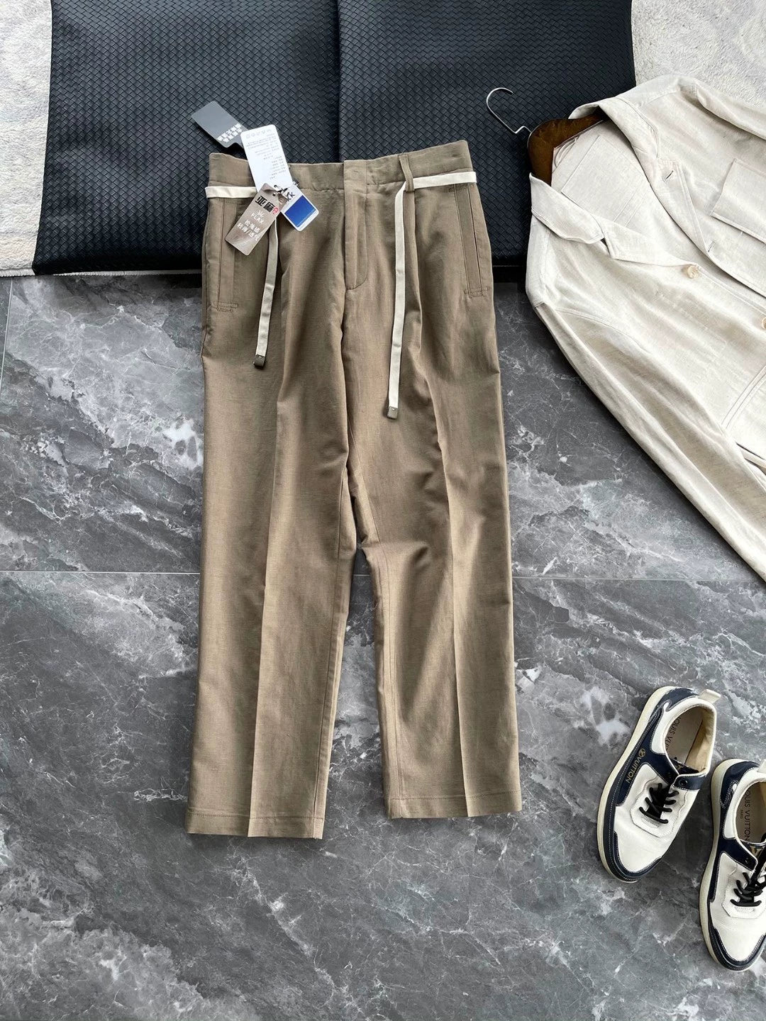 LP Italian 25ss old money solid color straight trousers men's drawstring elastic waist casual pants