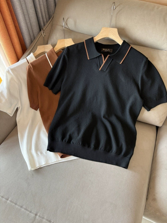 LP Italy 25SS solid color men's casual V lapel polo shirt short sleeve