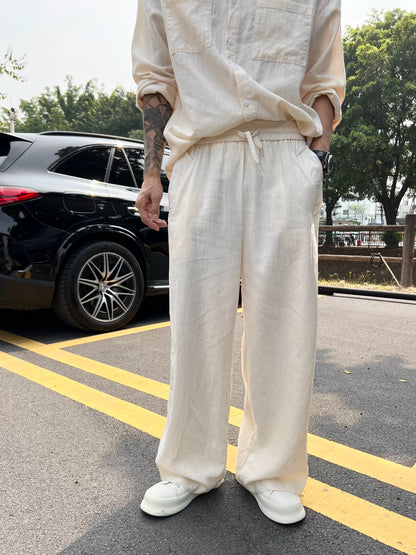 LP Italy 25ss solid color loose wide-footed linen pants lapel shirt men's casual suit