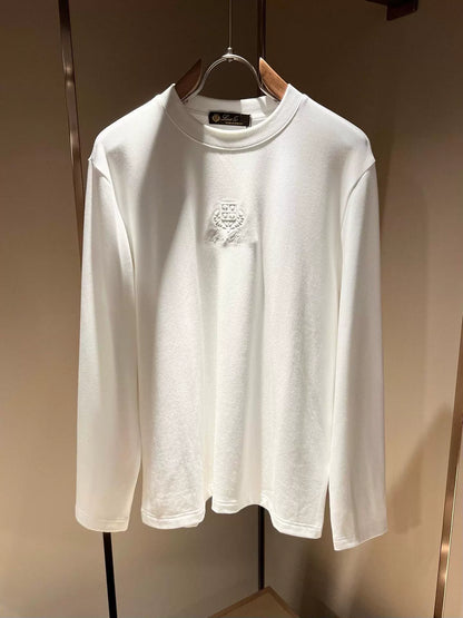 LP Italian Versatile Embroidered Crew Neck Bottom Shirt Men's Comfortable Breathable Casual Long Sleeve T-Shirt