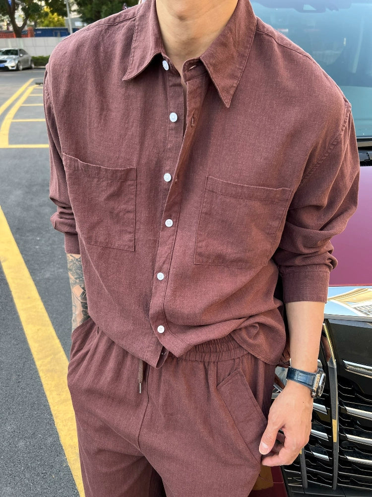 LP Italy 25ss solid color loose wide-footed linen pants lapel shirt men's casual suit