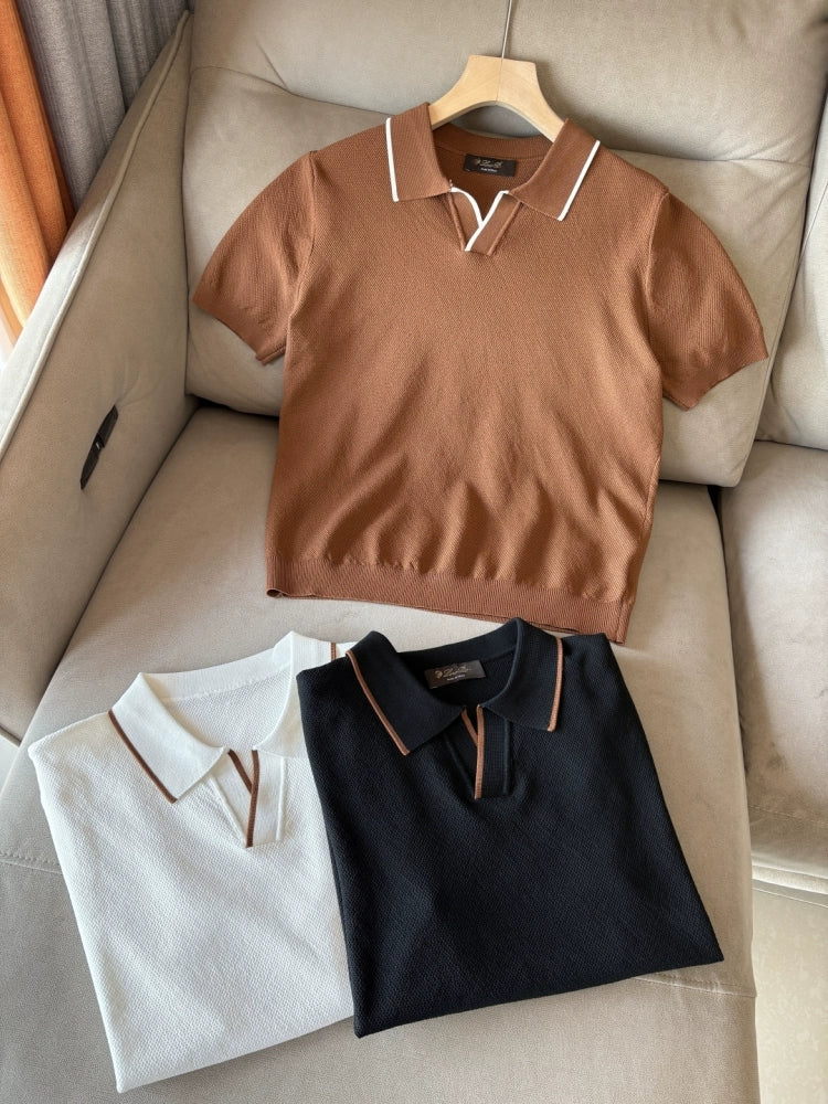 LP Italy 25SS solid color men's casual V lapel polo shirt short sleeve