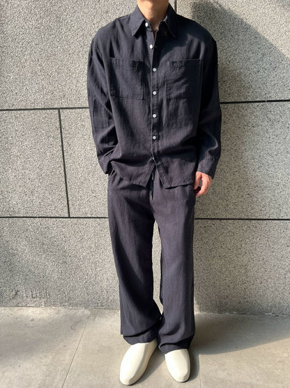 LP Italy 25ss solid color loose wide-footed linen pants lapel shirt men's casual suit