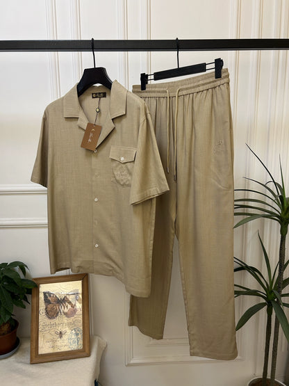 LP Italy 25SS old money cotton and linen short-sleeved shirt drawstring casual pants men's suit