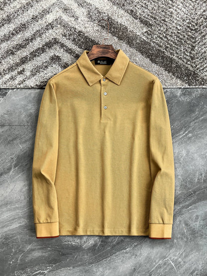 LP Italy 25ss simple business pearl cotton lapel men's casual long-sleeved polo shirt
