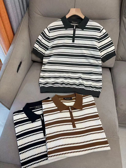 LP 25ss striped cashmere mulberry silk lapel short-sleeved knitted POLO shirt