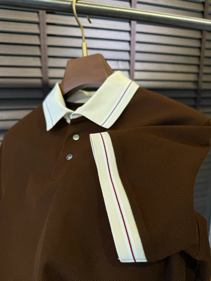 BC Italian letter badge contrasting pearl cotton lapel polo shirt