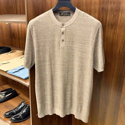 LP Vintage Three-Dimensional Yarn Henry Neck Short Sleeve Men's Knitted Sweater