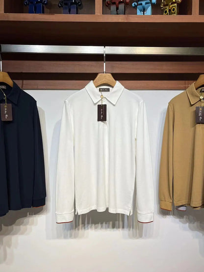 LP Casual Pearl Cotton Lapel Long Sleeve Men's POLO Shirt