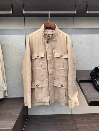 LP Italian Tooling Multi-Pocket Hunting Linen Jacket Stand-Up Collar Men's Thin Jacket